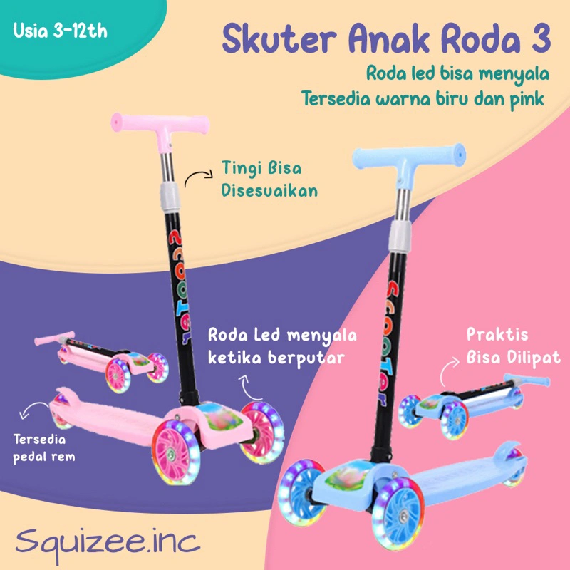 Mainan Otopet Scooter Anak Otoped Kumbang Skuter Anak Roda 3 Bisa Lipat Lampu LED Roda Murah