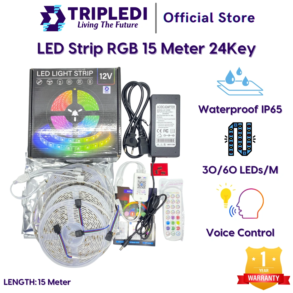 TRIPLEDI LED Strip RGB 5050 15 Meter IP65 12V Bluetooth WiFi Google Home Assistant Alexa IR Remote Lampu Dekorasi Kamar Indoor Smart Lighting Plafon Rumah Tempel Hias Taman Outdoor Waterproof Aesthetic