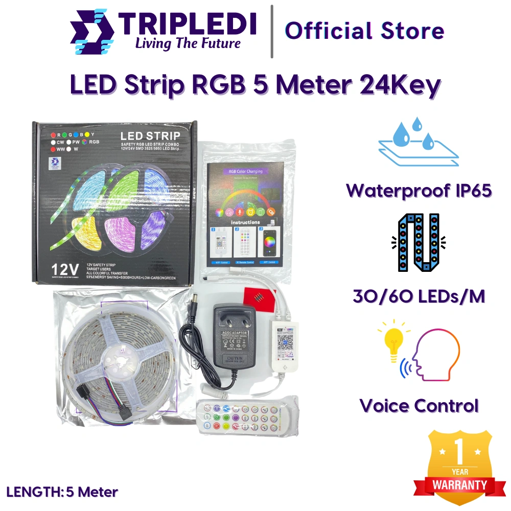 TRIPLEDI LED Strip RGB 5050 5 Meter IP65 12V Bluetooth WiFi Google Home Assistant Alexa IR Remote Lampu Dekorasi Kamar Indoor Smart Lighting Plafon Rumah Tempel Hias Taman Outdoor Waterproof Aesthetic