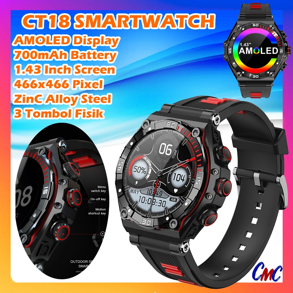 CT18 Smartwatch AMOLED Display 1.43 Inch Watch Sport Pria Alloy Steel Always On Display
