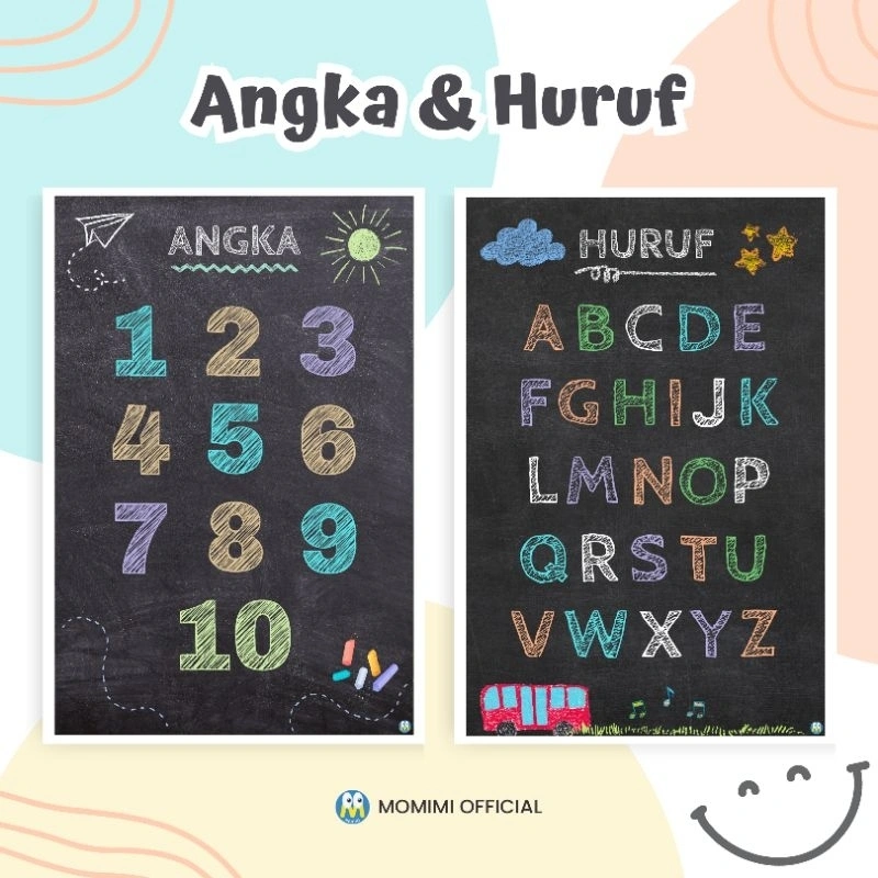 Poster Angka dan Huruf Edukasi Anak Belajar Alfabet Alphabet Abjad untuk Balita Toodler PAUD TK