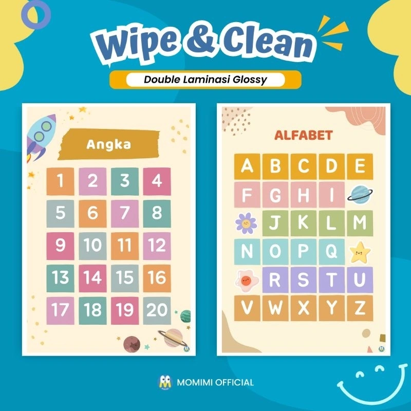 [WIPE & CLEAN] Poster Angka dan Huruf Edukasi Anak Belajar Mengenal Angka dan Alfabet Abjad ABCD Usia Toodler, PAUD, TK Bisa Ditulis dan Dihapus Dicorat-coret Anti Air Double Laminasi Glossy