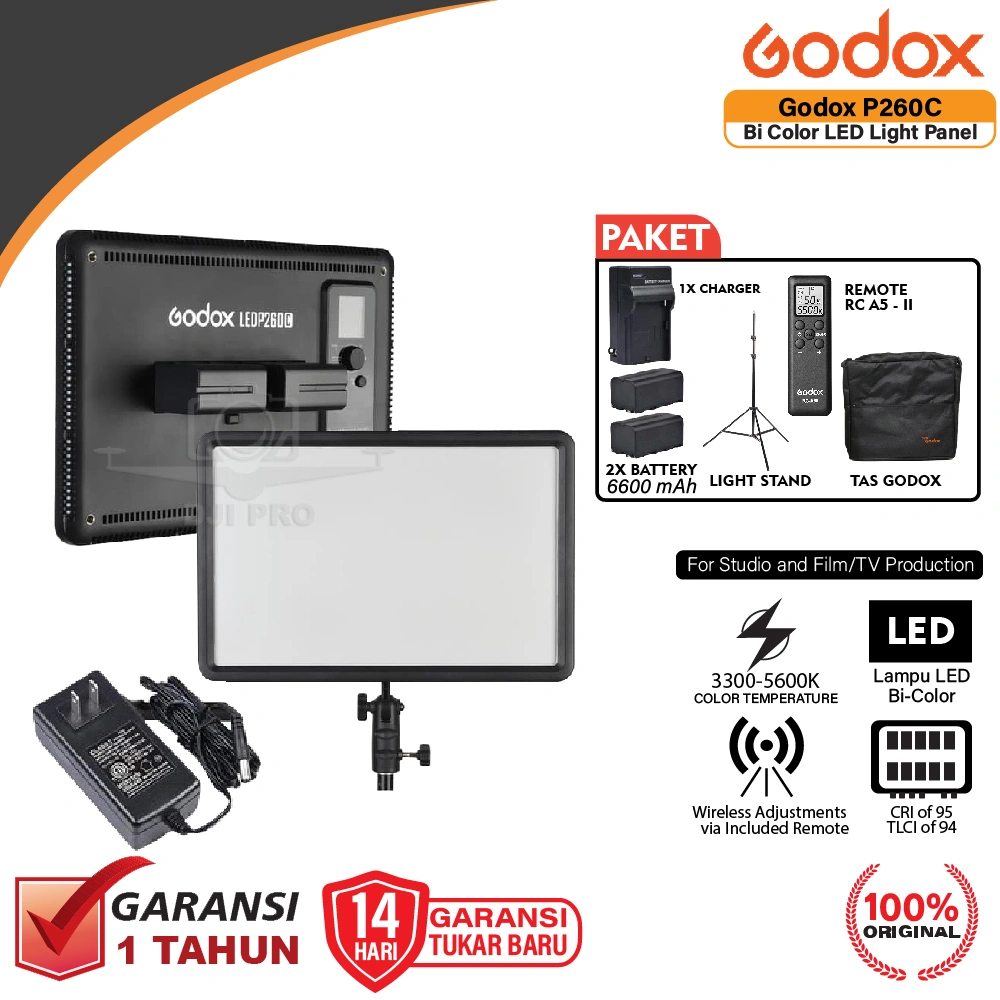 Godox LED P260C Bi-Color Lampu Video Continues Light Panel - P260 C - P 260C Untuk Studio Vlog Live Make Up