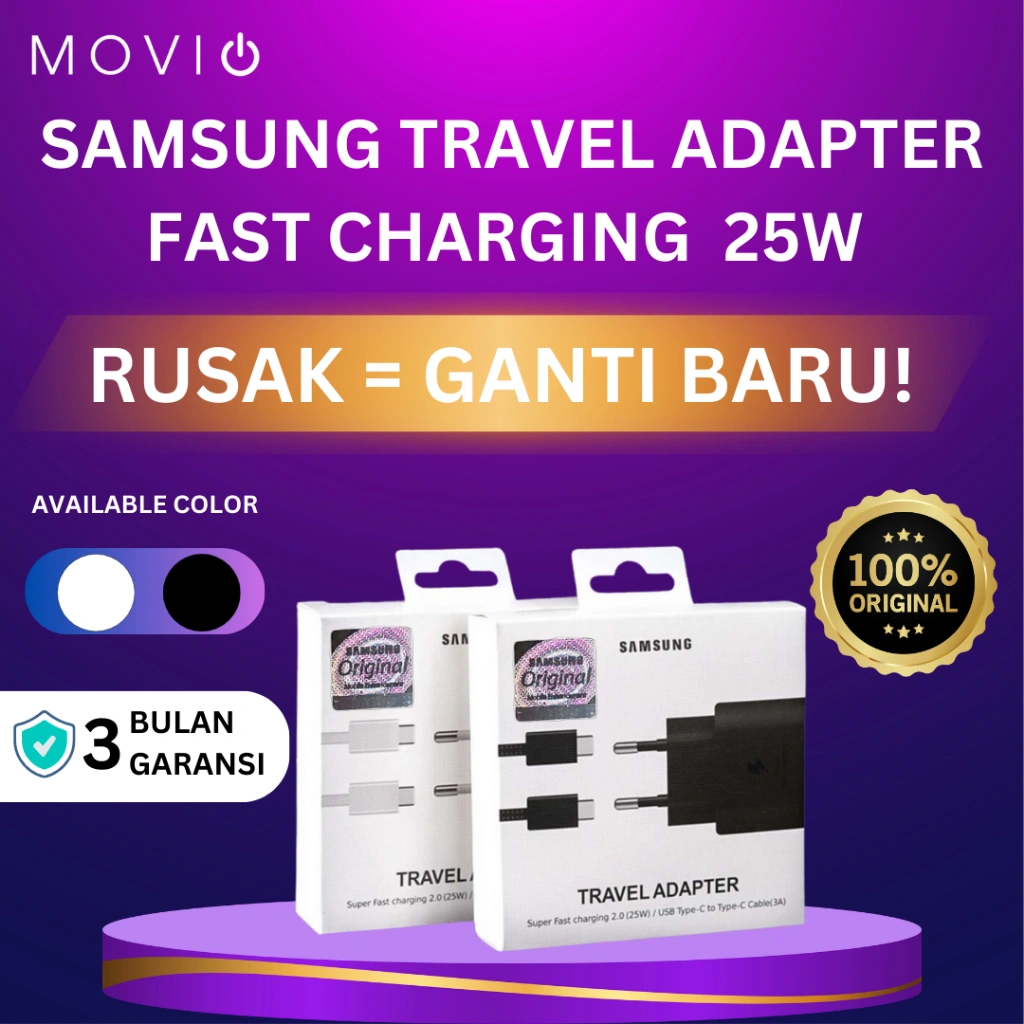 TERMURAH! SAMSUNG ADAPTER ADAPTOR SUPER FAST CHARGING TYPE C 25 WATT C TO C ORIGINAL, 1 SET Travel adapter -BY MOVIO