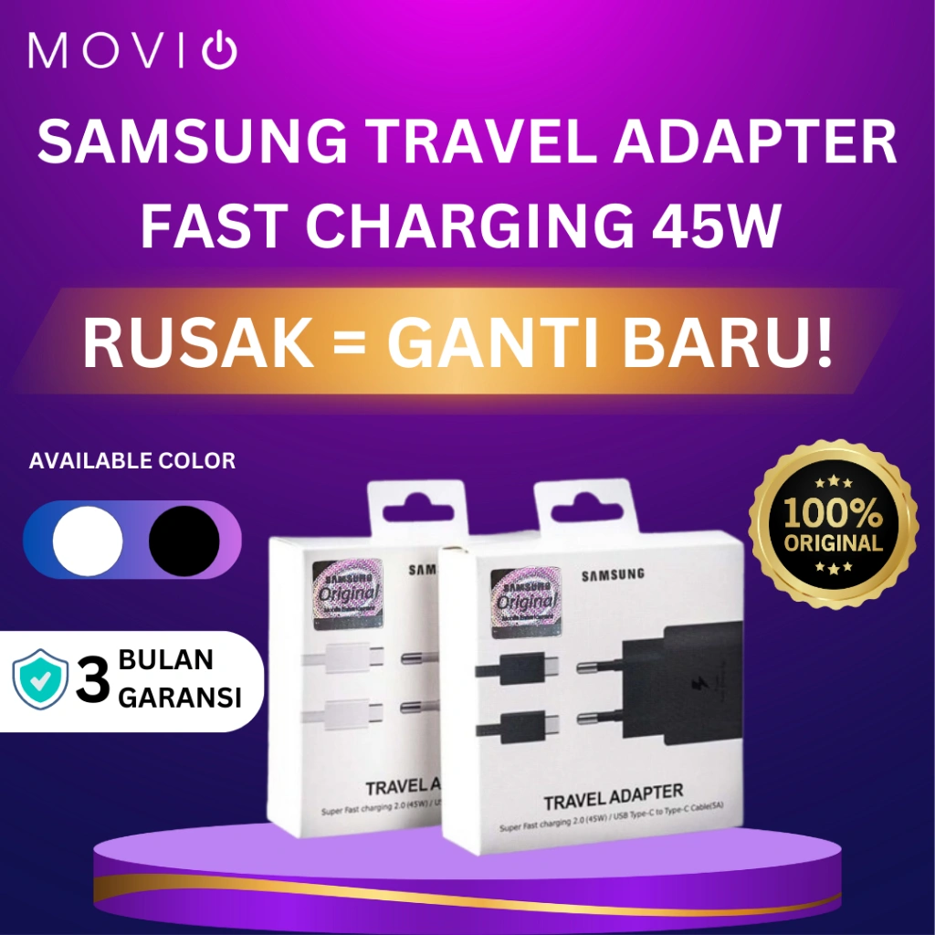 TERMURAH !! ADAPTER ADAPTOR CHARGER SAMSUNG SUPER FAST CHARGING TYPE C 45 WATT C TO C ORIGINAL, 1 SET Travel adapter -BY MOVIO