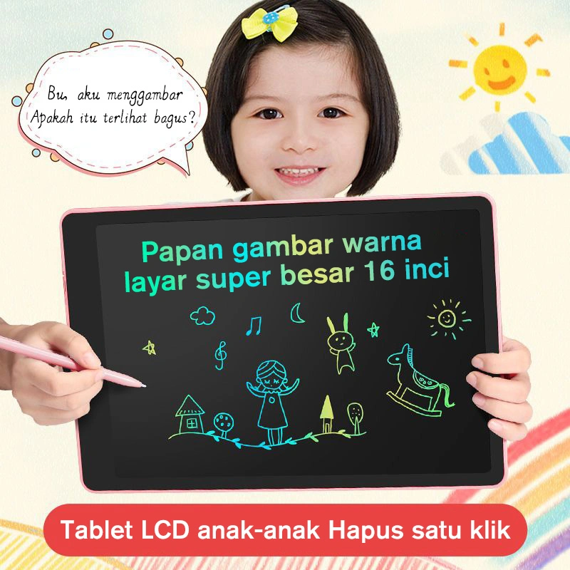 BASIKE LCD Writing Drawing Tablet 16 inch One key to Clear Perlindungan Mata with Lock & Stylus Pen