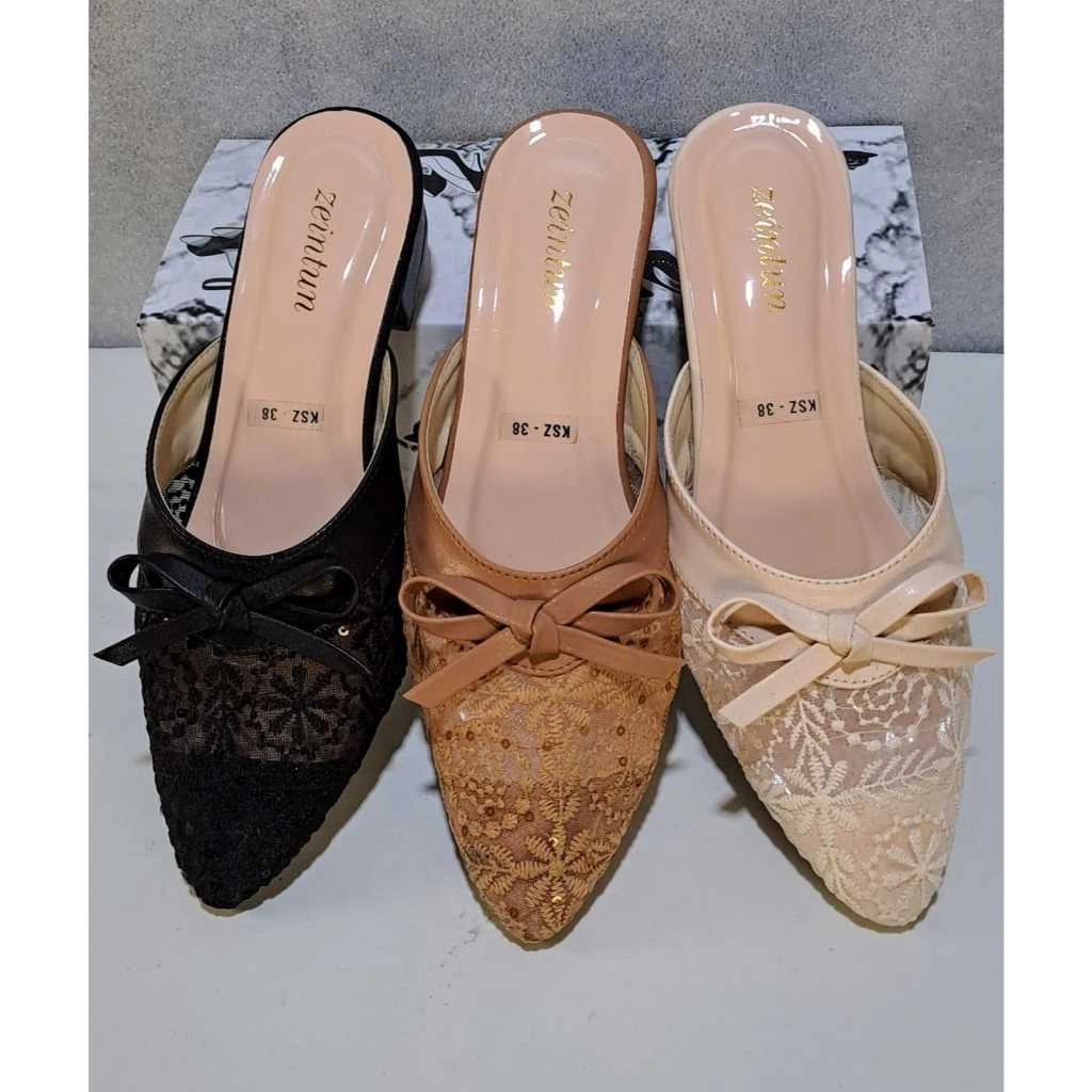Sendal slop wanita bustong heels 3 cm brukat pita