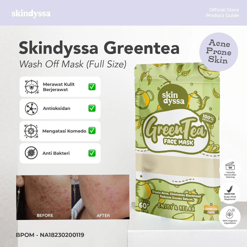 Daisy Organic Skindyssa - Greentea | Face Mask | Masker Organik | Masker Bubuk | Masker Viral | Masker BPOM