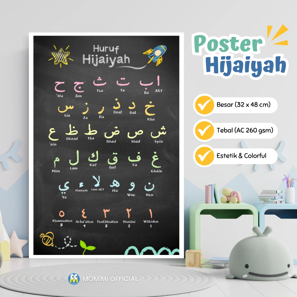 Poster Belajar HURUF HIJAIYAH Edukasi Anak Ukuran Besar dan Tebal (A3+ 260 gsm) Estetik Tema Chalk