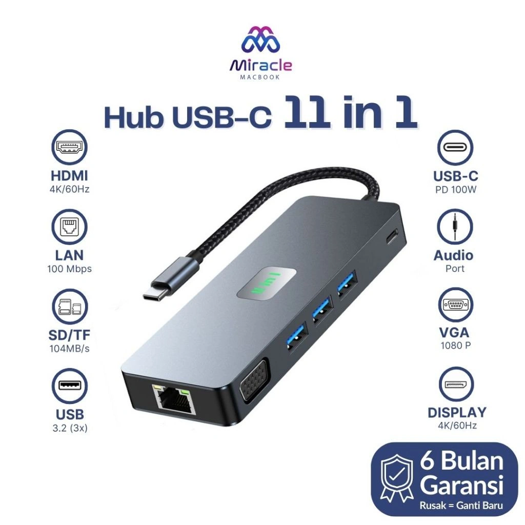 MIRACLE [2309 NEW CONNECTED 3 DEVICE] 11 in 1 Laptop Docking Station LED MULTIFUNGSI 3 ANTARMUKA USB Type C For PC Laptop MACBOOK Smartphone Tablet USB3.0 HD Rj45 AUX VGA HDMI