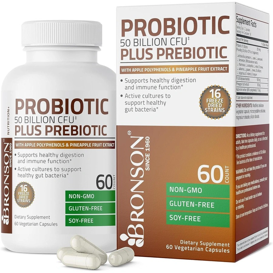 Bronson Probiotic 50Billion CFU 250mg 16 Strains + Prebiotic | Apple Polyphenols | Pineapple Fruit Extract | 100mg Fructooligosaccharides