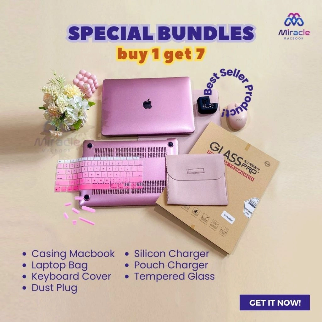 PAKET PINK BUNDLE PREMIUM QUALITY MACBOOK NEW AIR PRO RETINA Case Mable METALIC PINK, TAS ,KEYBOARD COVER, SILICON CHARGER, TEMPERED GLASS, DUST PLUG CH 11 12 13 14 15 16 INCH NON / WITH CD ROOM / TOUCHBAR / TOUCH ID / M1 2020 2021 2022
