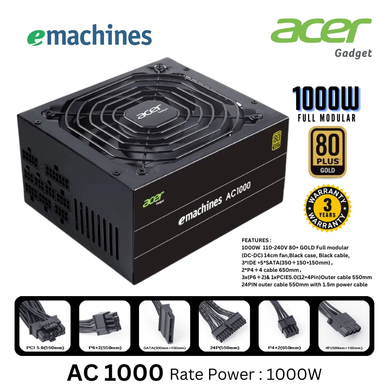 Power Supply 1000 Watt / PSU Gaming 1000W 80+ Plus Gold eMachines Full Modular PCIe 5.0