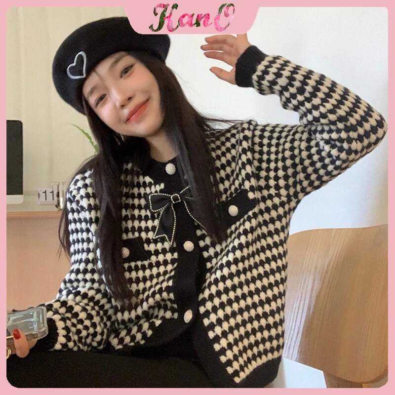 KANO Cardigan Knit Sweater Rajut Korea Wanita Cardigan Rajut Motif Dengan Pita Kupu Kupu