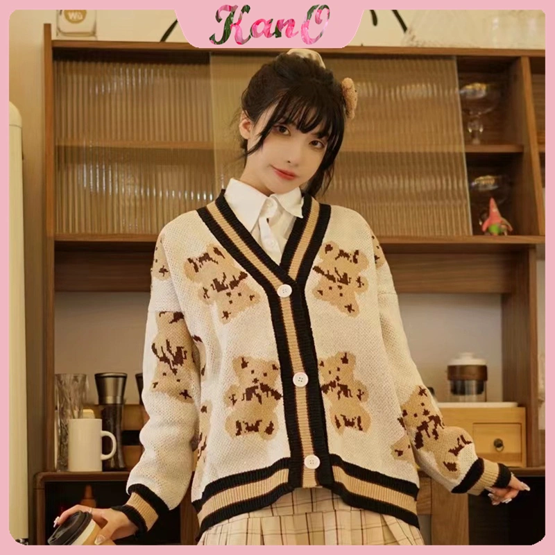 KANO Cardigan Cute Soft Outer Knit Sweater Rajut Korea Cardigan Rajut Motif Tedy Bear Knit Button V Neck