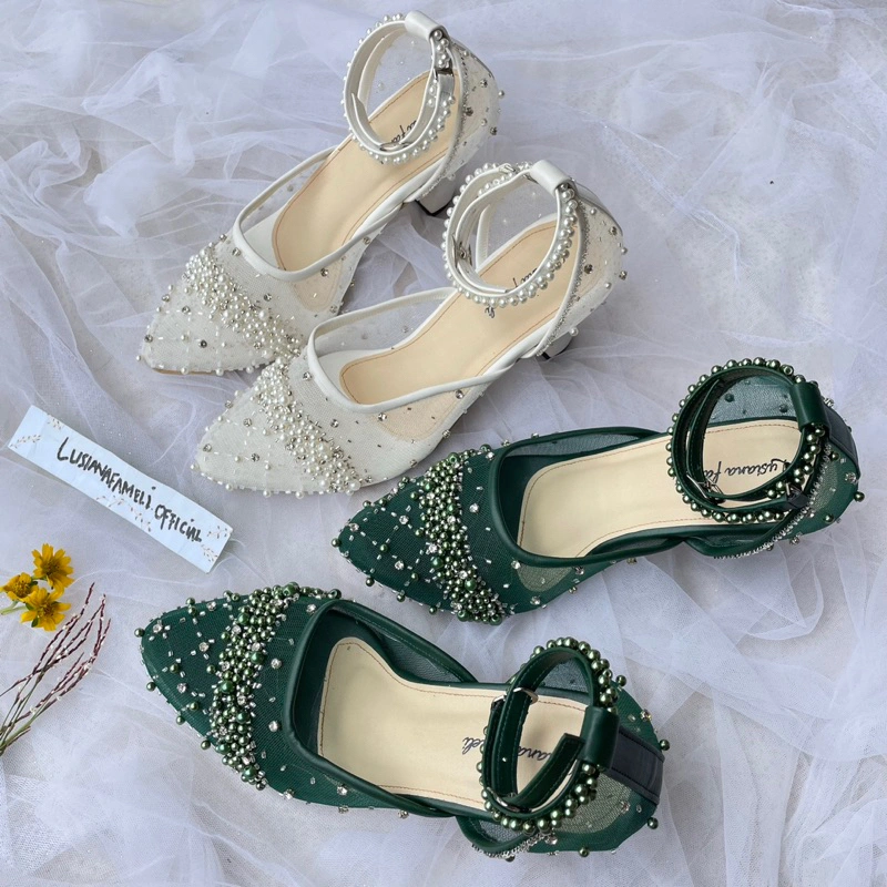 Laurels | lusiana fameli sepatu wedding tali heels Payet mewah sepatu pengantin wanita sepatu custom hak datar - 7 cm warna Hijau emerald tile polos bentuk U tali sepatu pesta