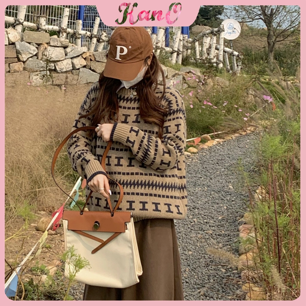 KANO Sweater Wanita Kekinian Leher Bulat Pullover Sweater Motif Oversize Style Korea