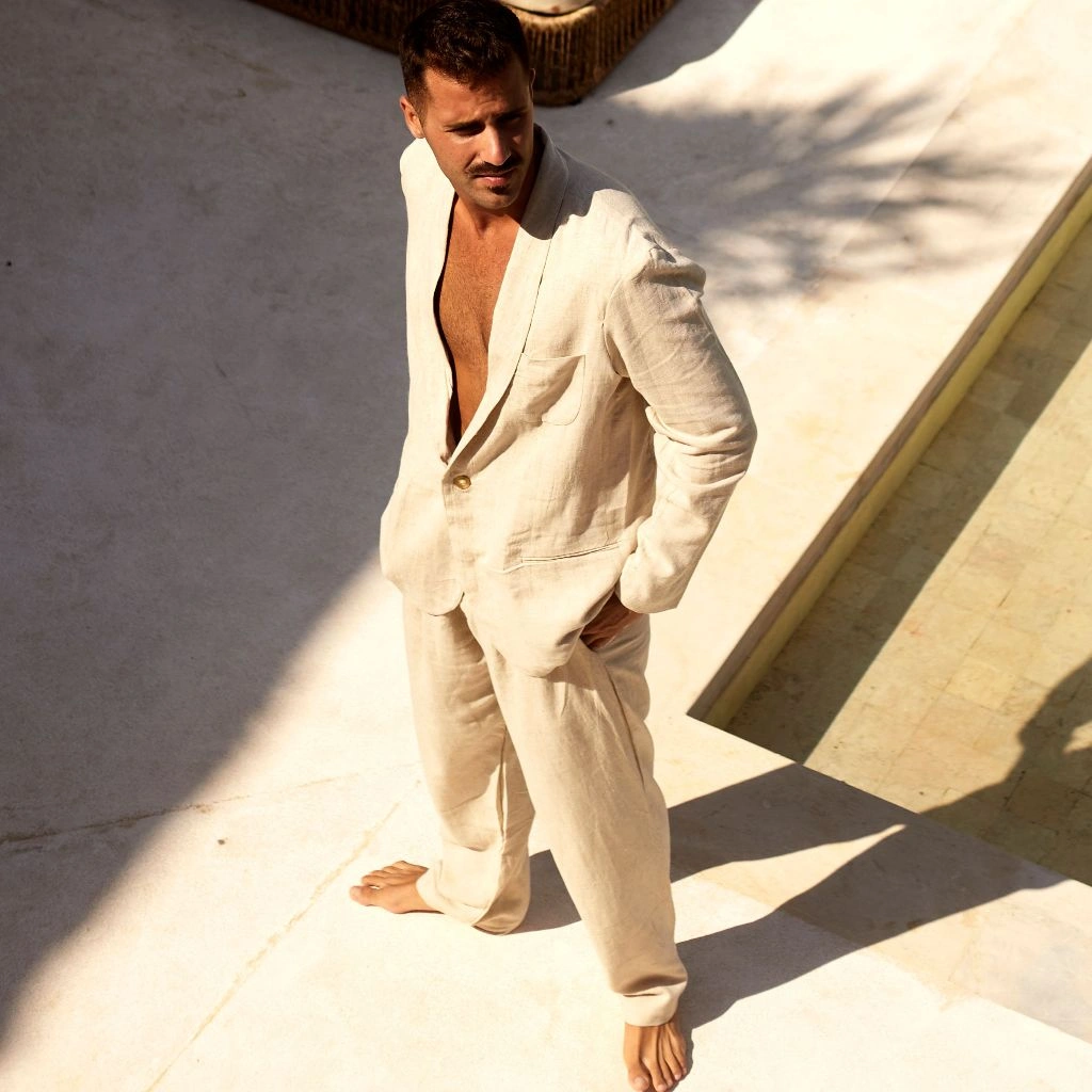 REMEDY Outer Linen Set Pria Panjang Warna Krem - Sand Blazer Set