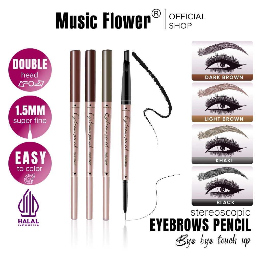 MUSIC FLOWER 2-in-1 Stereoscopic Super Fine 1.5mm Eyebrow Triangle Micro 24H Smudgeproof Waterproof Pensil Alis Tipis