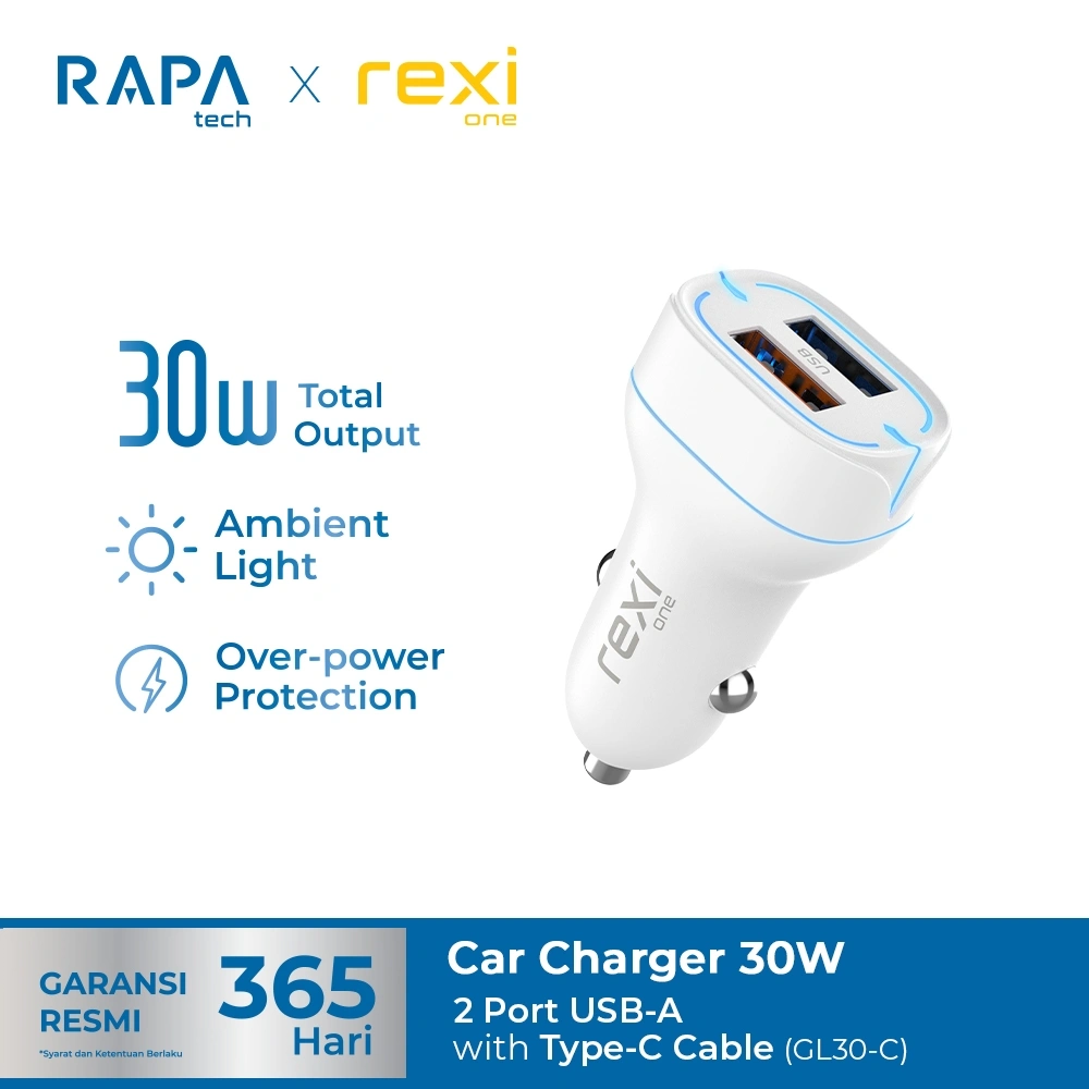 RAPAtech x rexione GL30-C Car Charger Dual Port QC 18W + 2.4A with Type-C Cable