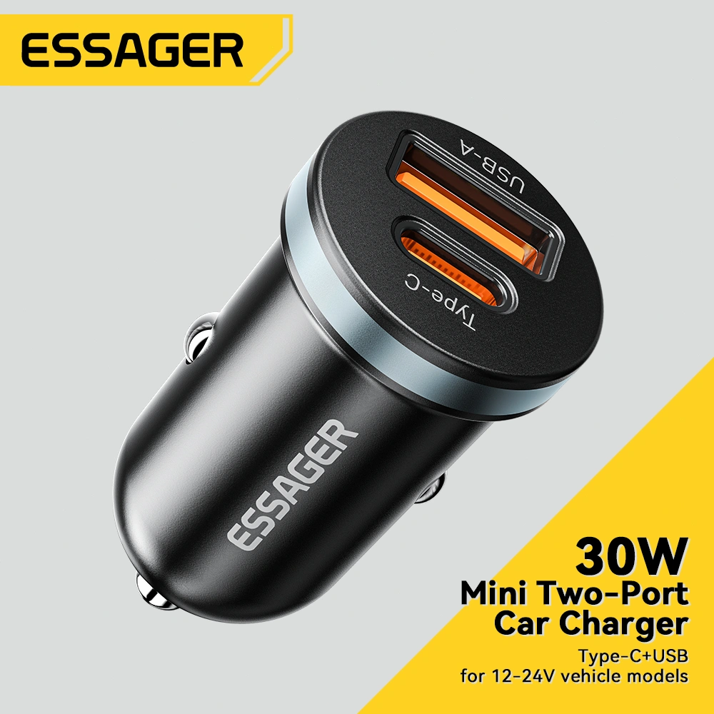 ESSAGER 30W Car Charger Mini Dual Port Mobil Fast Charging Adaptor support PD QC 3.0 AFC FCP