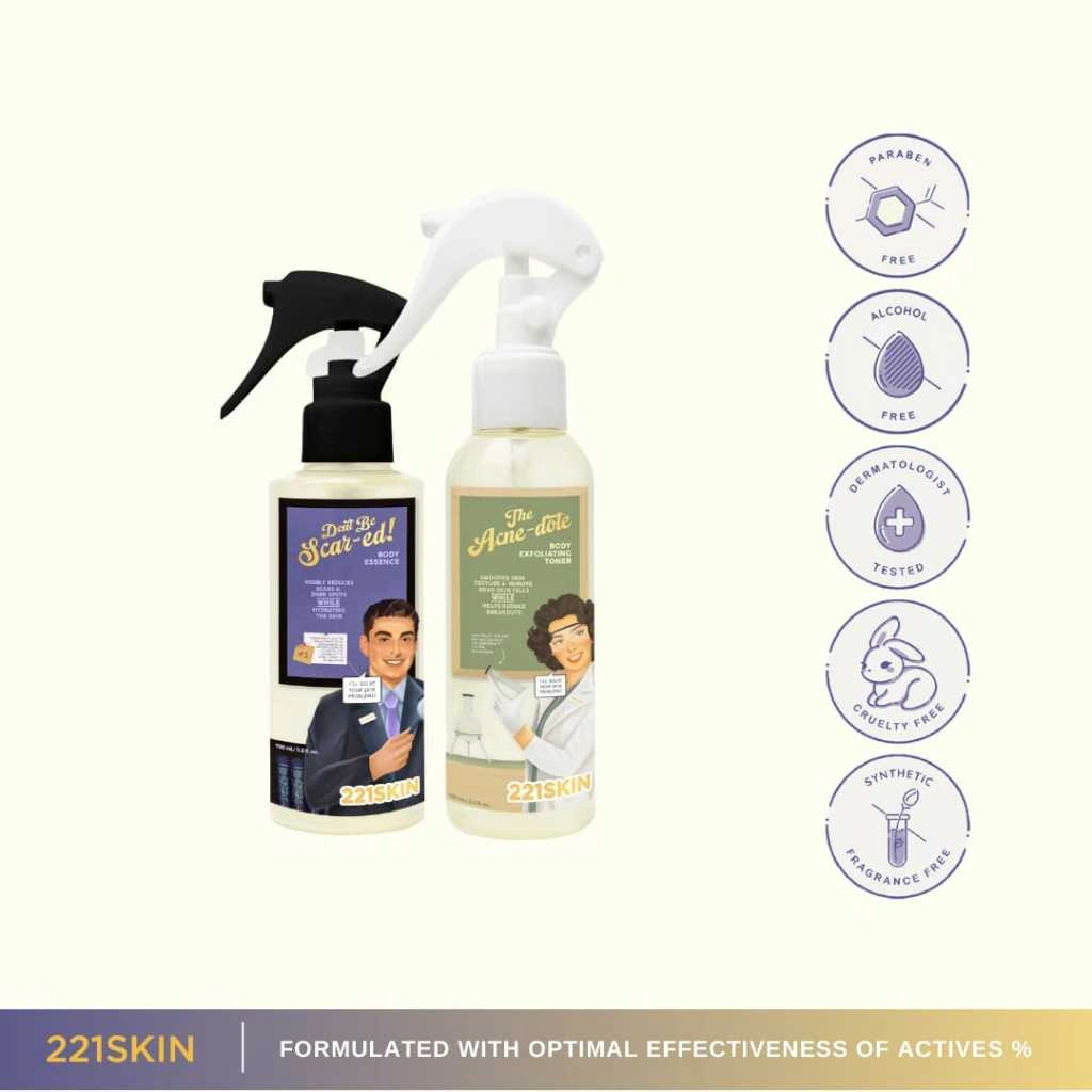 221SKIN Bundle M - Acne Body Exfo, Dark Spot Body Essence Exfoliate / Exfoliating / Scrub / Bekas Luka / Back Acne / Bekas Jerawat Badan Punggung / Backne / AHA BHA / Bacne / Chicken Skin / Keratosis / Serum Body wash / Shower Gel / Sabu