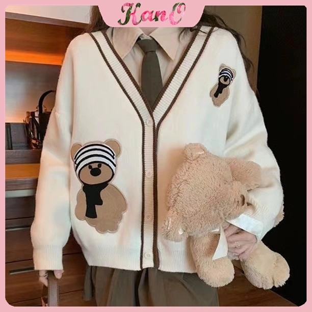 KANO Cardigan Wol Rajut Motif Teddy Bear Outer Knit Cute Outer Cardigan Rajut Soft Knit