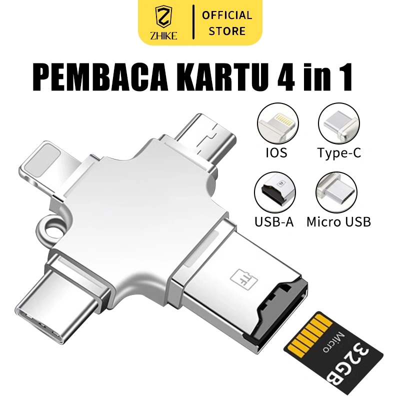 ZHIKE Pembaca Kartu 4 In 1 Kartu Pembaca Memori Mikro TF USB 3.0 OTG untuk Tipe C USB Mikro IOS Ke Adaptor Pembaca Kartu Konverter Data Kecepatan Tinggi Kompatibel dengan Laptop Android IOS Komputer Ponsel Tablet Ponsel Pintar Card