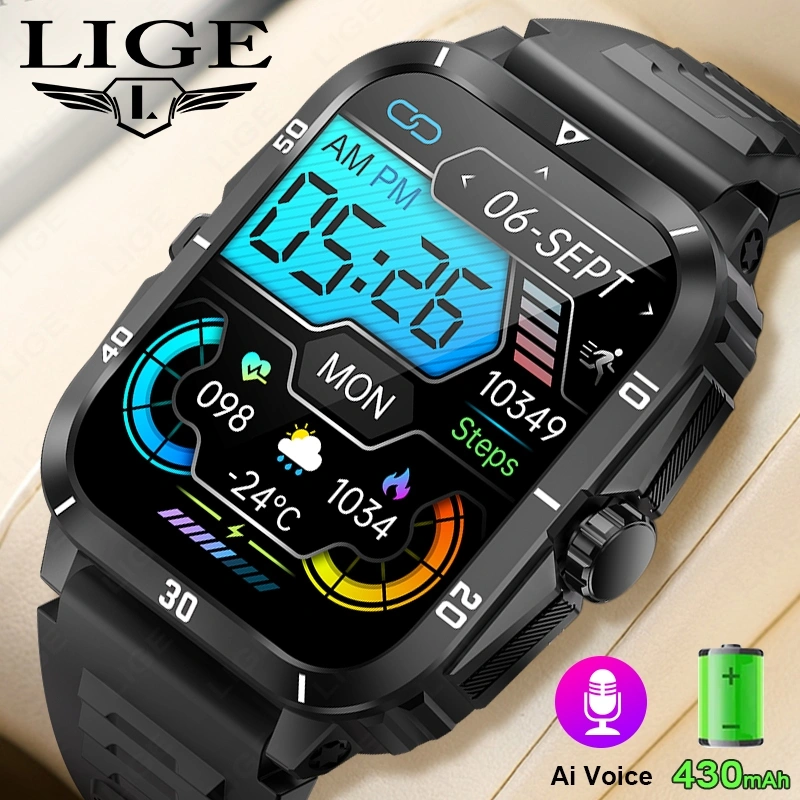 LIGE Jam Tangan Pintar Original Tahan Air Layar HD 1,96 inci Monitor Kesehatan Detak Jantung Oksigen Darah Kalkulator Smart Watch Olahraga