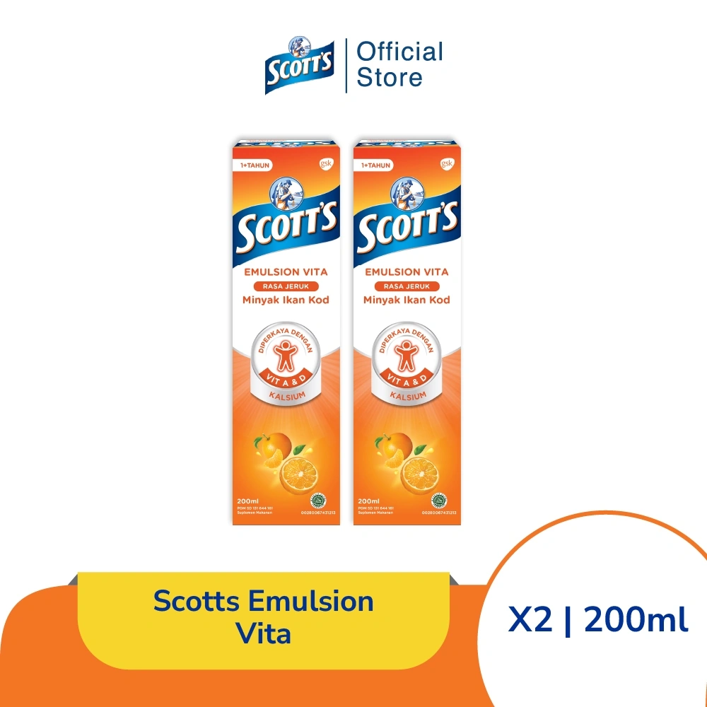 Scott's Vitamin dengan Omega 3, Vitamin A dan D + Kalsium Vita Rasa Jeruk 2x200ml [TWINPACK]