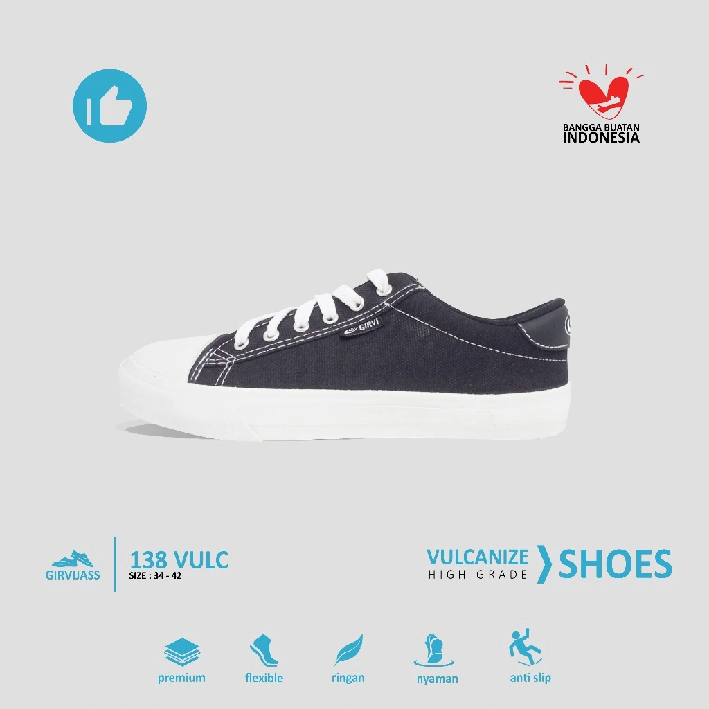 GIRVI 138 Vulcanized Sepatu Sneakers Jass Kanvas Vulcanized Bertali Hitam Putih Ukuran 37–42