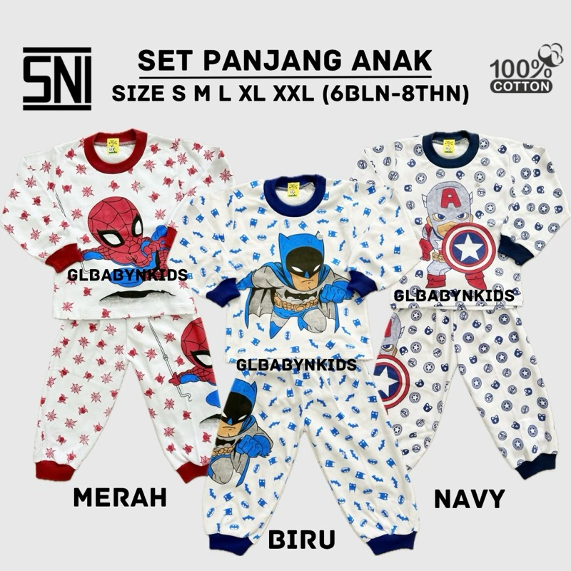 Setelan Piyama Panjang /Pendek Anak Motif Superhero Katun SNI
