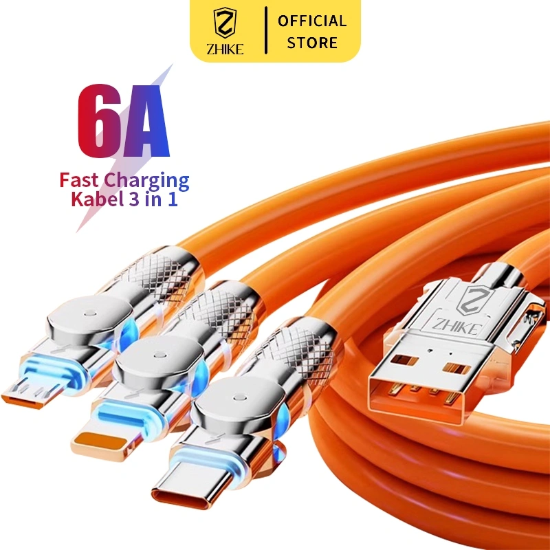 ZHIKE Kabel Data Fast Charging 3 in 1 HP Kabel Casan Tipe C Micro USB iOS Lightning 120W 1.2M Rotasi 180° Mendukung 6A Fast Charging Untuk Apel IP Samsung Infinix Realme Xiaomi OPPO VIVO
