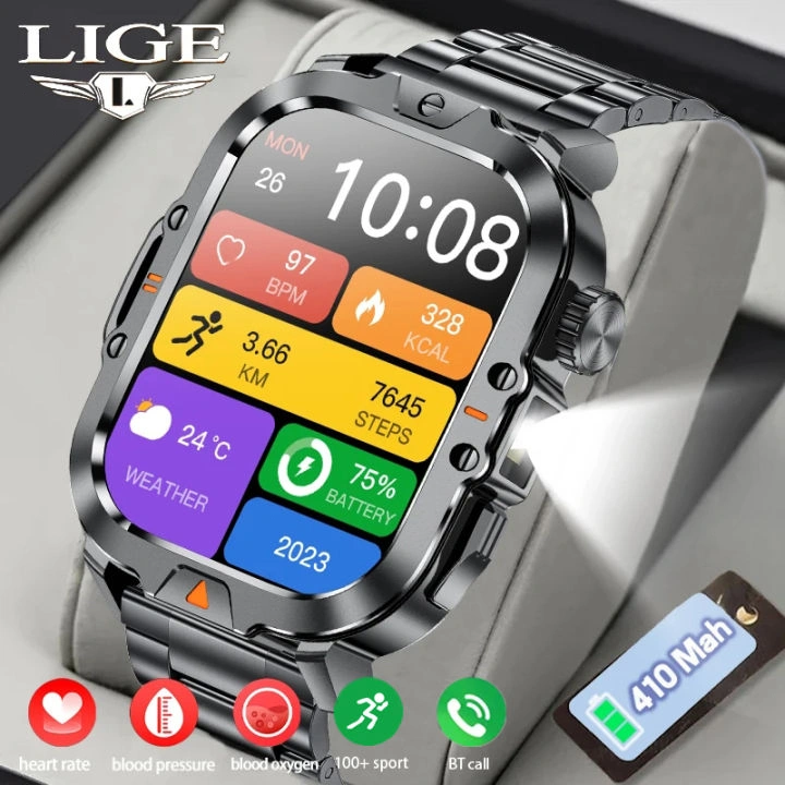 LIGE V17 Jam Tangan Pintar Tahan Air Lampu Led Monitor Kesehatan Kompas Olahraga Luar Ruangan Panggilan Bluetooth Jam Tangan Pria untuk Android Ios