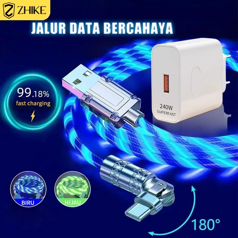 ZHIKE Kabel Data Fast Charging Kabel casan Streamer Data Cable Tipe c Micro USB dengan Adaptor 240W Rotasi 180° Panjang 1,5 Meter HP Fast kepala Charger dengan Lampu LED Untuk Android Samsung Realme VIVO OPPO Redmi XIAOMI