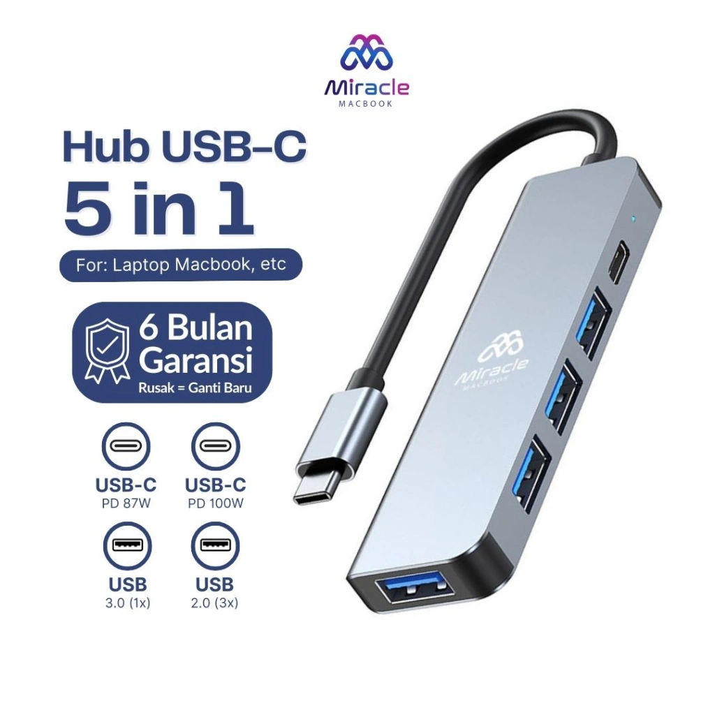MIRACLE 5in1 USB-C HUB Adapter PREMIUM – PD 100W, USB 3.0 + 2.0 – Kompatibel Macbook Pro Dell Hp Portable Card