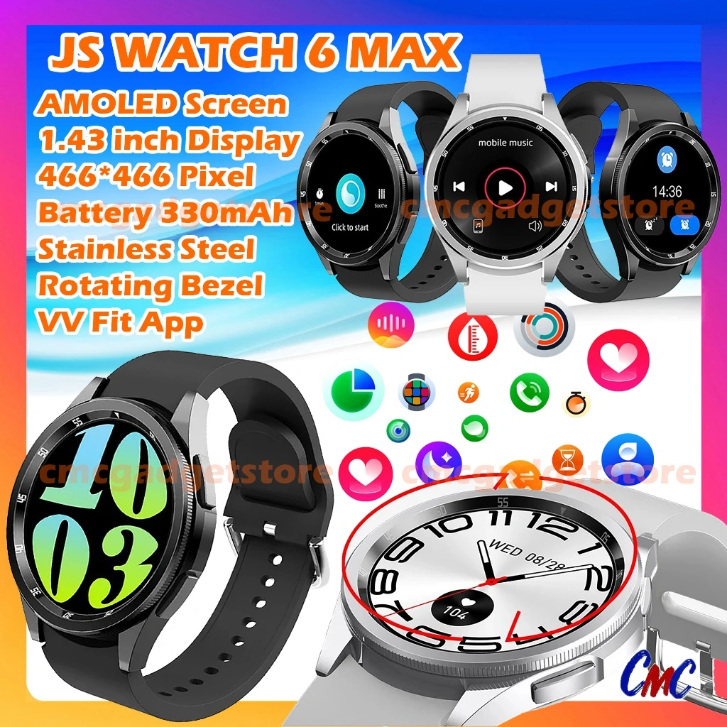 JS WATCH 6 MAX Smartwatch AMOLED 1.43inch Display Smart Watch Pria Wanita Rotating Bezel