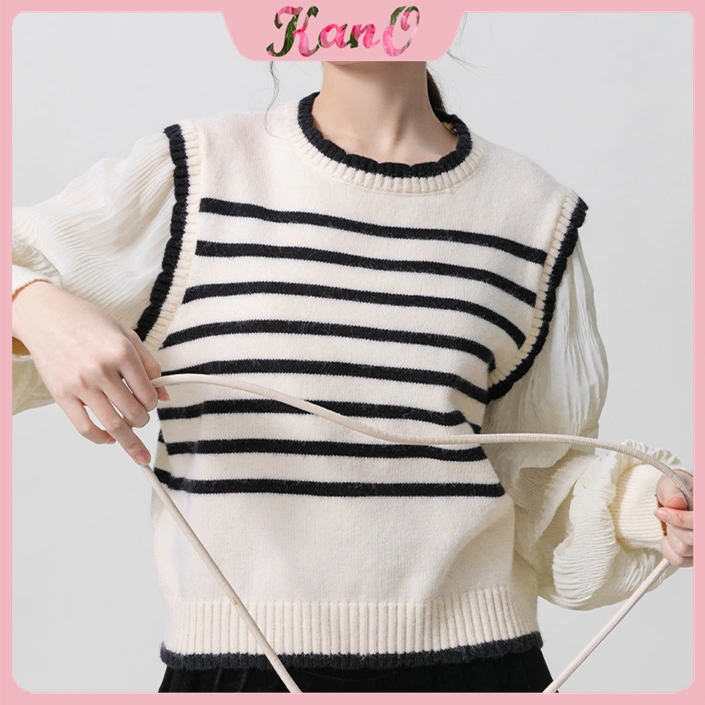 KANO Korea jahitan bergaris palsu dua potong sweater rajut wanita atasan pendek longgar Cardigan Sweater Wanita sweater rajutq