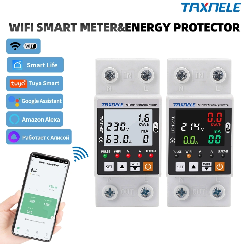 TAXNELE TVPS1-63T 63A TUYA WiFi Smart mendeteksi Kebocoran Di Bawah Pelindung Tegangan Perangkat memiliki Relai Pemutus Sakelar Daya Energi KWh Meter Circuit Earth Leakage Over Under Voltage Protector Relay Device Switch Breaker Energy Power kWh Meter