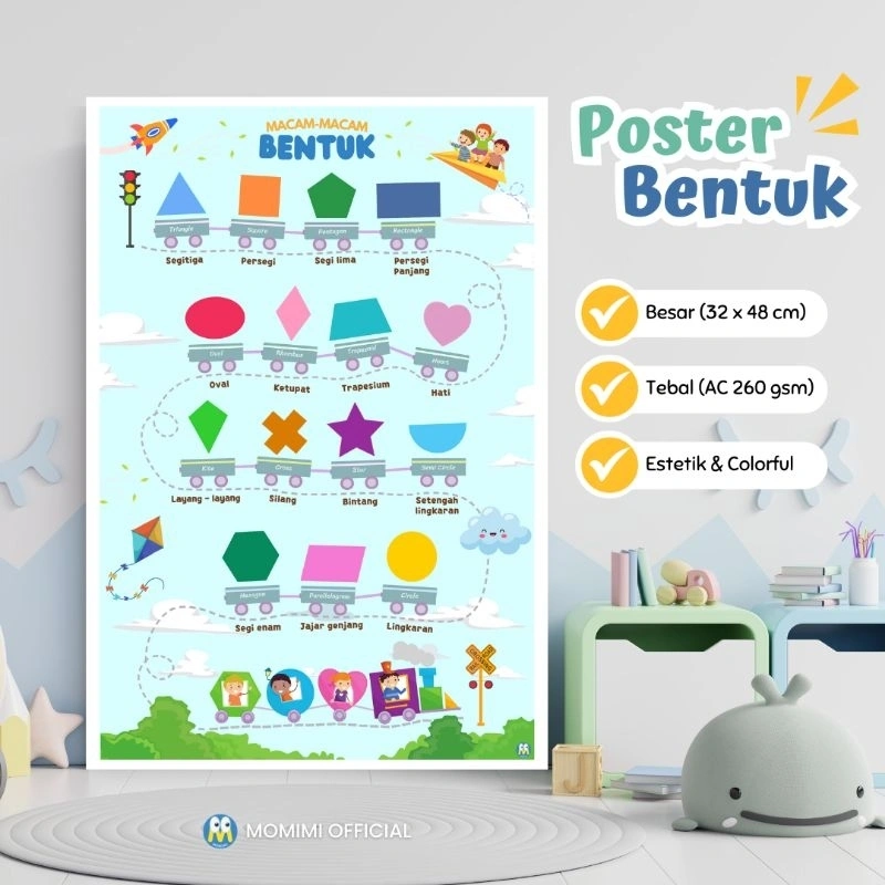 Poster Macam-macam BENTUK Edukasi Belajar Anak Balita, PAUD, TK, Bahan Tebal dan Besar Estetik