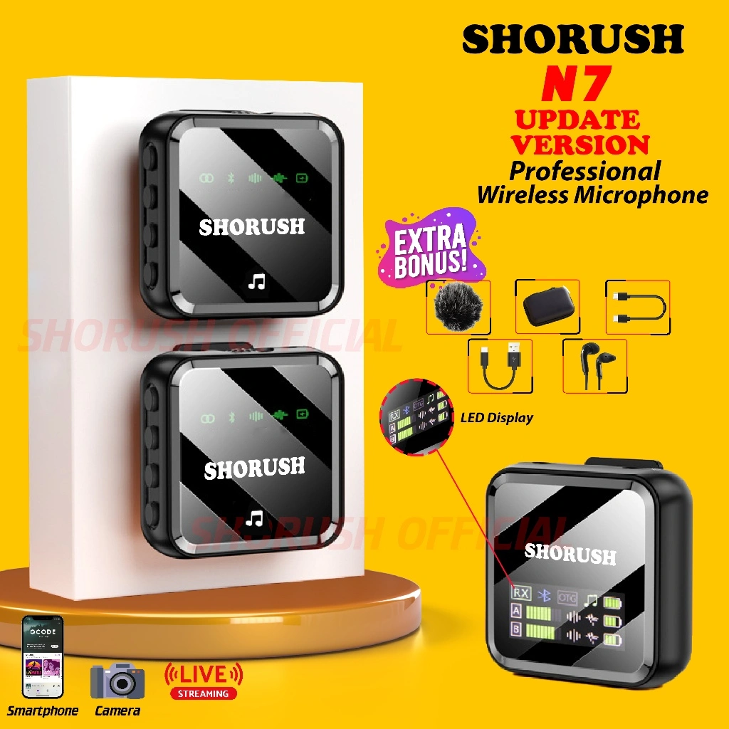 Shorush N7 Professional Microphone Mic Clip On Wireless Kotak Mic ASMR Mukbang Noise Reduction For HP Smartphone Mirorrless DSLR Zoom Webinar Vlog Camera Dual Type C Single 2 Receiver Gopro Laptop Vlogger Live streaming Mikrofon Youtuber Iphone