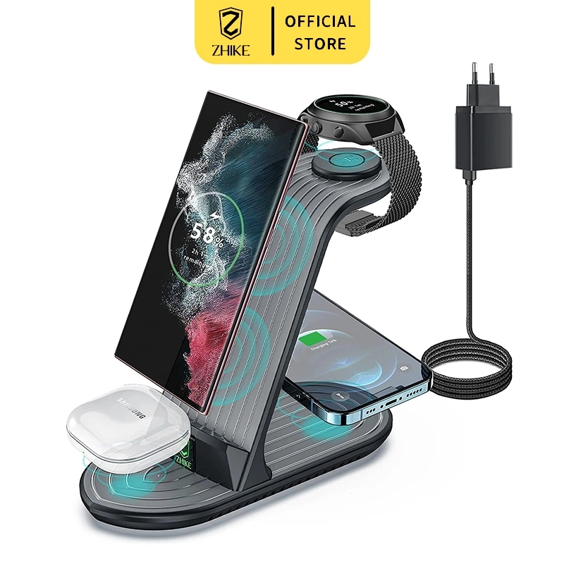 ZHIKE Wireless Charger 4 in 1 Wireless Charging Station Compatible with Galaxy Watch 4 Series Charging Dock Samsung S22 Ultra/ S22/S21+/iPhone 13/12 Wireless Chargers, Galaxy Buds Charging Station TPU