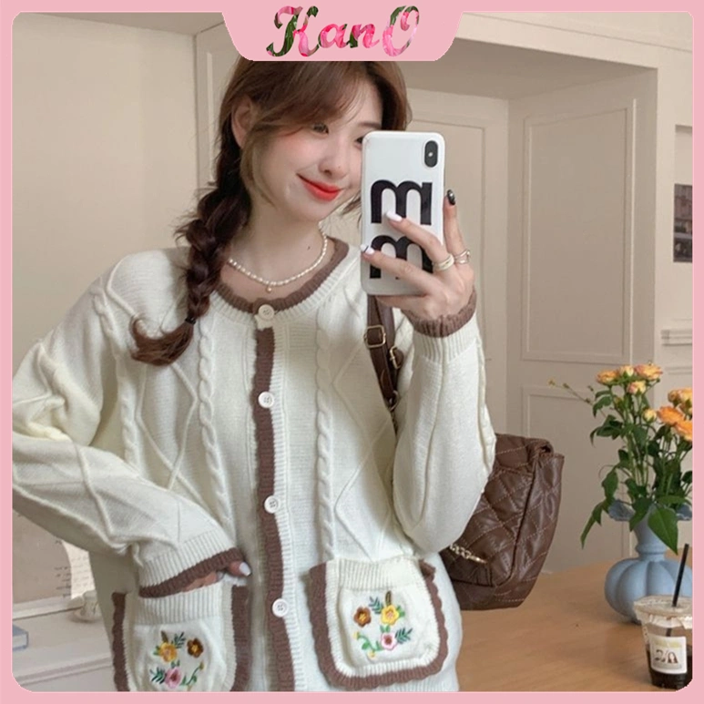 KANO Cardigan Cute Outer Rajut Wanita Cardigan Rajut Motif Bunga Saku Bordir Gaya Manis