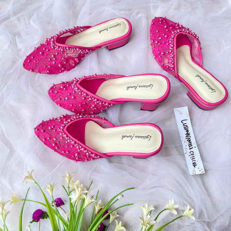 𝑲𝒊𝒎 𝒃𝒐𝒓𝒂 | sepatu payet kondangan wanita heels lamaran wisuda hak 1 sampai 7 cm bebas custom warna fanta fuchia