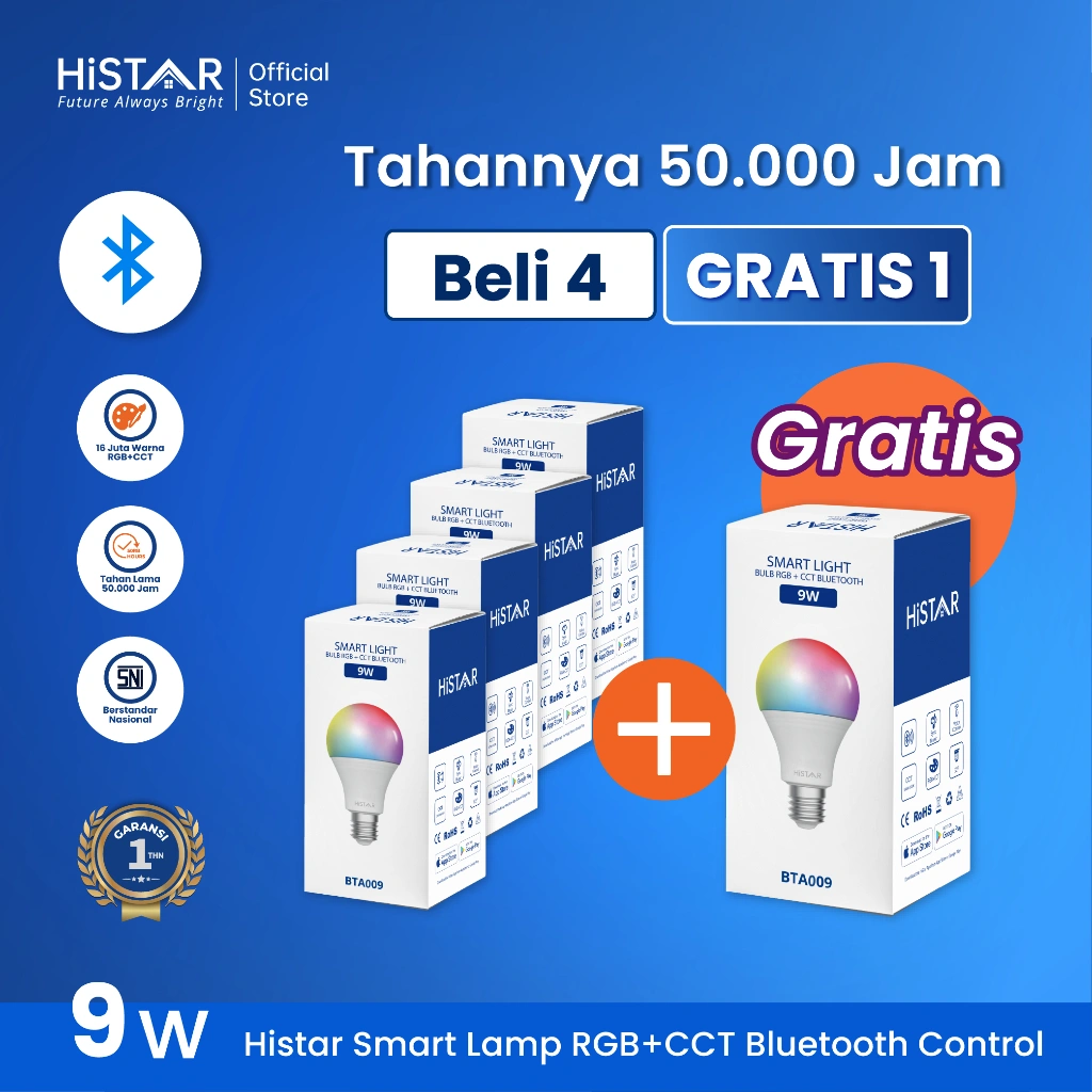 HiSTAR Buy 4 + 1 Lampu Smart LED 9W RGB+CCT Bluetooth Musik IOS Android