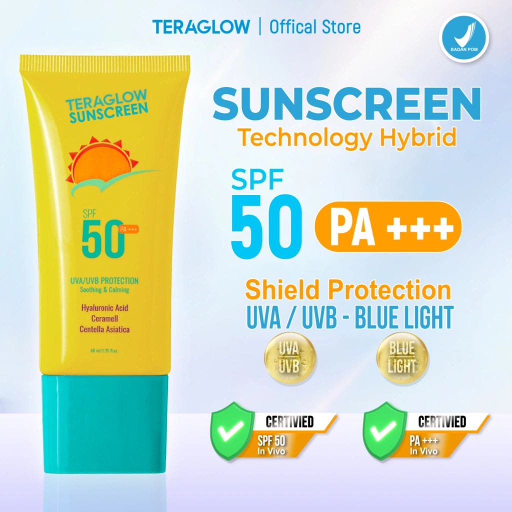 TERAGLOW SUNSCREEN SPF 50 PA+++ REAL SPF VIVO Perlindungan UVA UVB Technology HYBRID (Chemical &physical) no whitecast