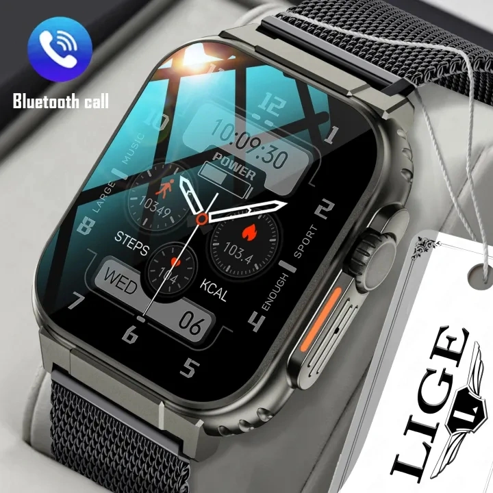 LIGE Pintar Jam Tangan Pria 1,96 inci sentuhan penuh 600mAh baterai jam tangan olahraga tahan air perekaman dukungan dukungan Connection Music Smart Watch