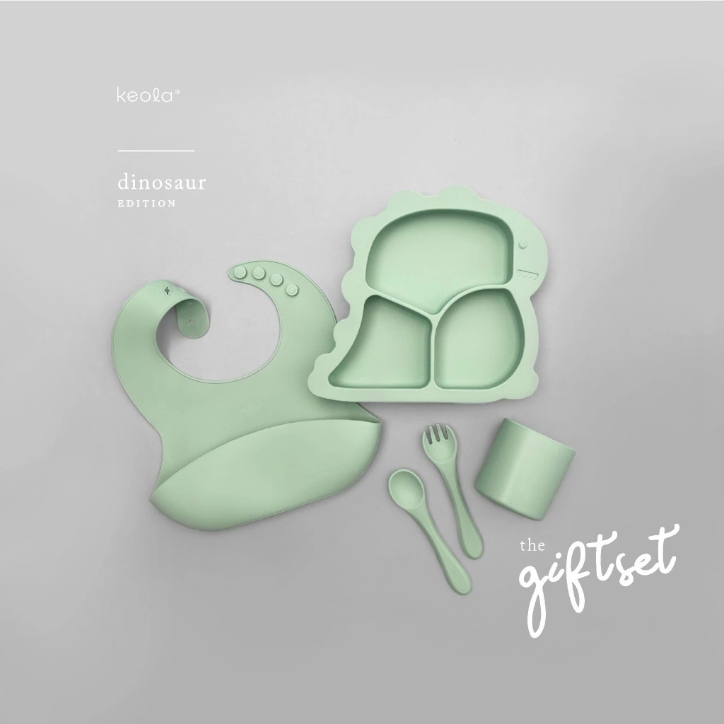 KEOLA - 05 PCS Set Dino Silicone Gift Set Premium / Peralatan Makan Anak Silicone MPASI Premium