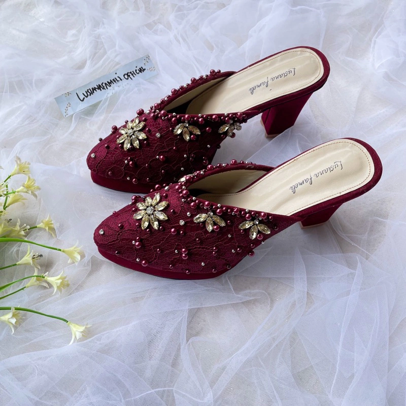 LEE YUJIN I sepatu nikahan heels pesta sandal pengantin shoes wedding lamaran warna Maroon hak 12 cm bentuk V samping sepatu wisuda kondangan hells hak tahu