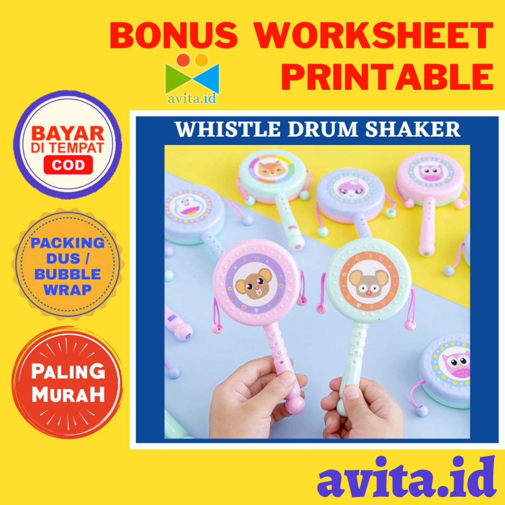 avita.id Mainan Whistle Drum Shaker / Rattle Stick Whistle Drum Shaker Plus Peluit / Mainan Bayi rattle genggam